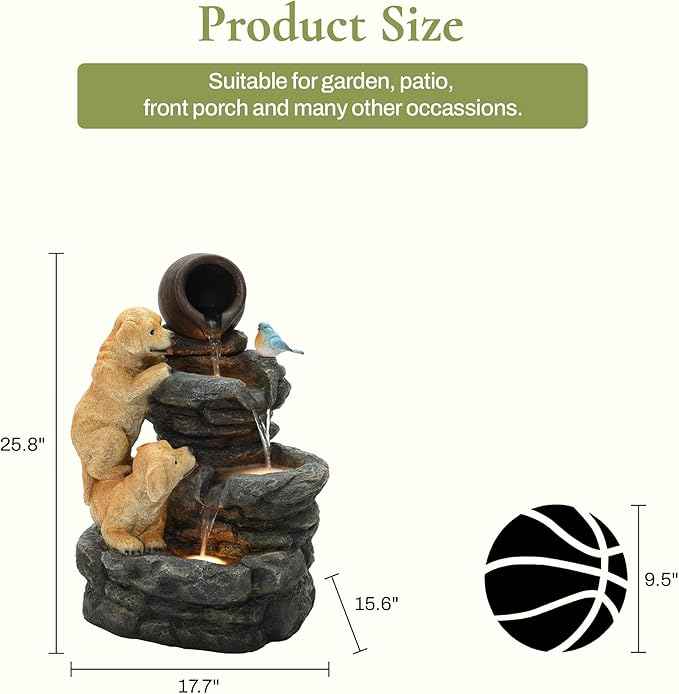 LuxenHome Outdoor Water Fountain, 26 Inch Puppy and Rock Resin Water Fountains Indoor with LED Lights, Farmhouse Waterfall Outdoor, Indoor Fountains and Waterfalls for Patio, Garden Decor