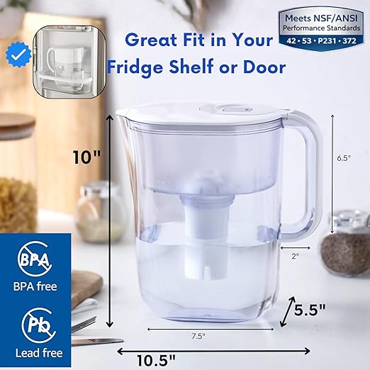 10 Cup Water Filter Pitcher with 2 Ultrafiltration & Carbon Filters - Removes Microbes, PFOA/PFOS, Microplastics, Heavy Metals & More - Compatible with Brita Water Pitcher/Brita Filter Replacement