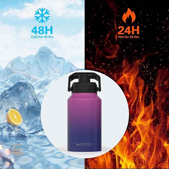 WATERSY 2/3 Gallon Water Bottle Insulated(Cold for 48 Hrs),BPA Free&Leak Proof,87oz Stainless Steel Water Jug/Flask,Big thermo,Large Water Bottle with Handle for Gym,Hiking,Camping,Gradient Purple
