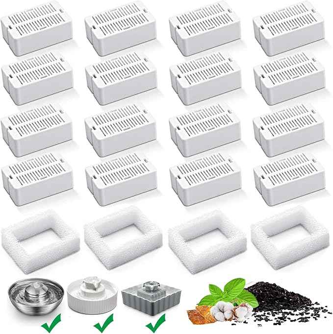Cat Water Fountain Replacement Filters,16 Pack Cat Fountain Carbon Filters and 4 Pack Foam Filters for Ceramic Pet Drinking Fountain and Stainless Steel Pet Water Fountain (16+4 Pack)