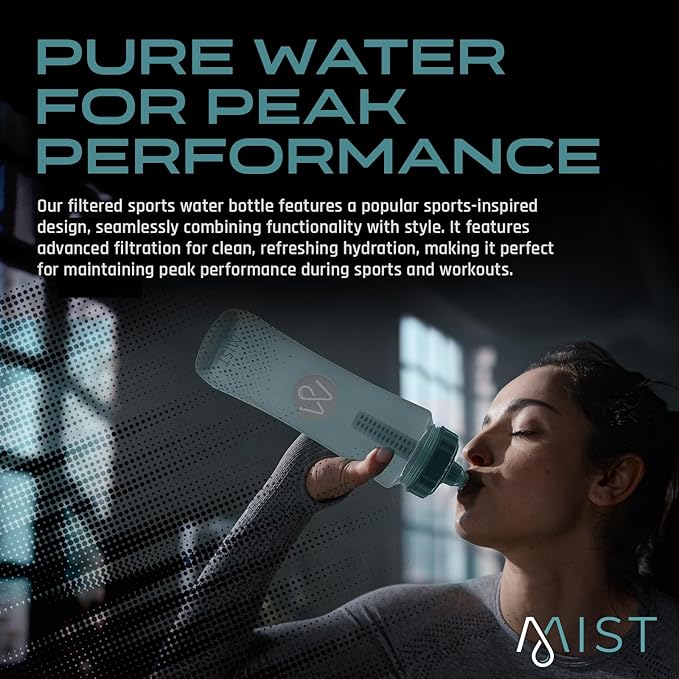 Mist Sports Squeeze Water Bottle with Built-In Filter for Pure Water, Lightweight and Easy Grip Squeeze Water Bottles Sports Quality, Leak Proof & BPA Free Athletic Water Bottle Squirt Top, Deap Teal