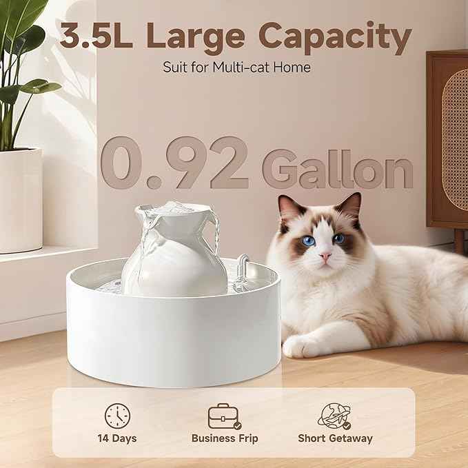 Ceramic Cat Water Fountain, 3L/101 fl oz Ultra-Quiet Pet Water Fountain, Automatic Water Dispenser for Cats & Small Dogs, No Spill Cat Water Bowl, BPA-Free, 2 Filters Included, Easy to Clean