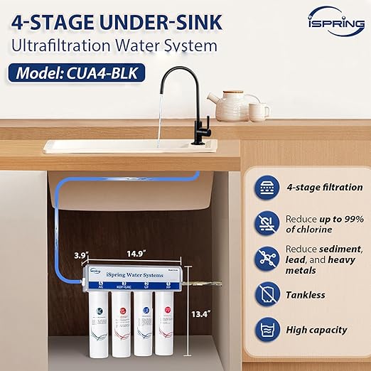 iSpring CUA4-BLK 0.01 Micron Ultra Filtration Under Sink Water Filter System, High Capacity Tankless 4-Stage Ultrafiltration Water Filter, Removes 99.99% Contaminants, Quick Filter Change with Faucet