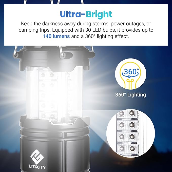 Etekcity 2 Pack LED Camping Lantern Flashlights and Potable Aqua 2 Pack 50 Count Water Purification Tablets for Camping and Emergency Preparedness