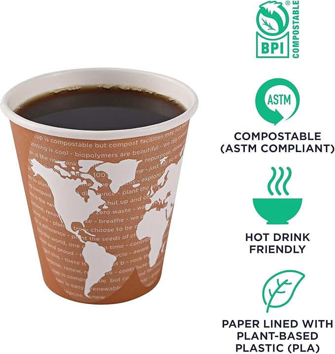 ECO PRODUCTS Compostable Disposable World Art 10oz Coffee Cups, Pack of 50, Renewable Hot Paper Cup, Plant Based PLA Lining, Color Coded