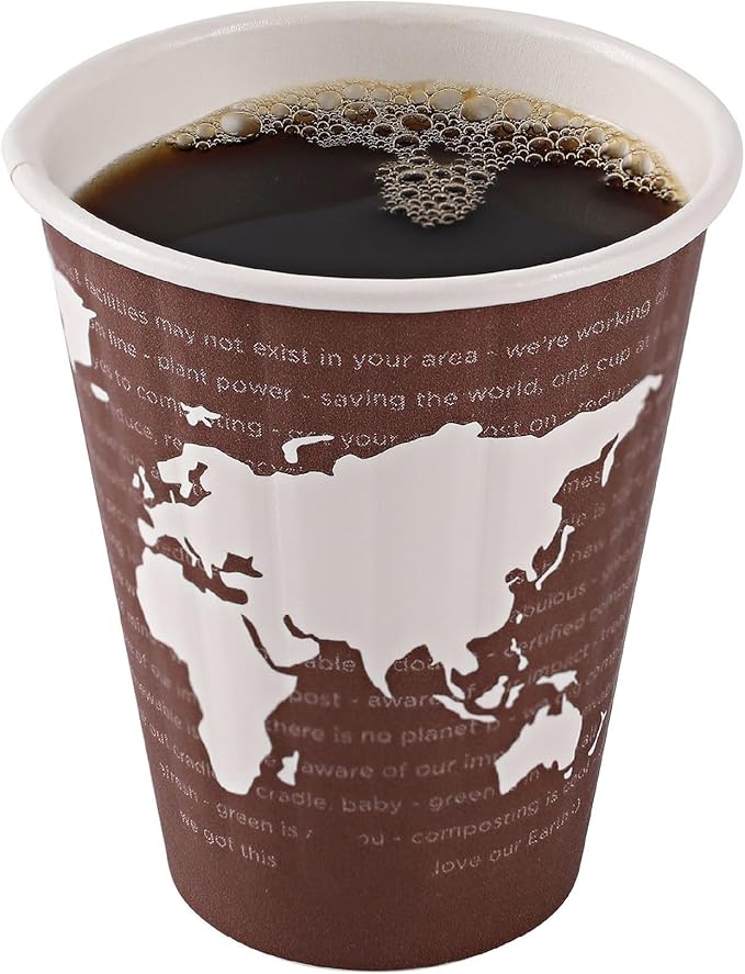 ECO PRODUCTS Compostable Disposable Insulated World Art 8oz Coffee Cups, Pack of 40, Renewable Double-wall Hot Paper Cup, Plant Based PLA Lining, No Sleeves Needed, Color Coded