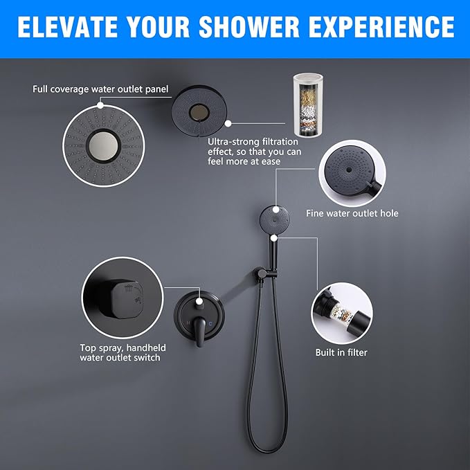 Shower System, Wall Mounted Shower Faucet Set with Filter, High Pressure Rain Shower Head with Handheld Spray Combo with Filter for Hard Water, Matte Black Circular Valve