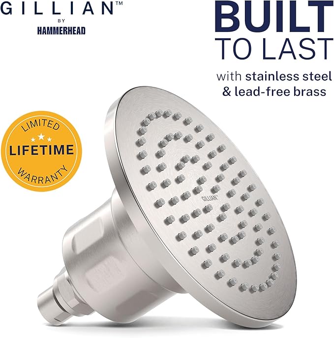Gillian™ by HammerHead High Pressure Shower Head with Filter – Genuine KDF-55 Metal Hard Water Filtering Shower Head, Healthier Skin & Hair – 6-Inch Rainfall Shower Head with Filters, Brushed Nickel