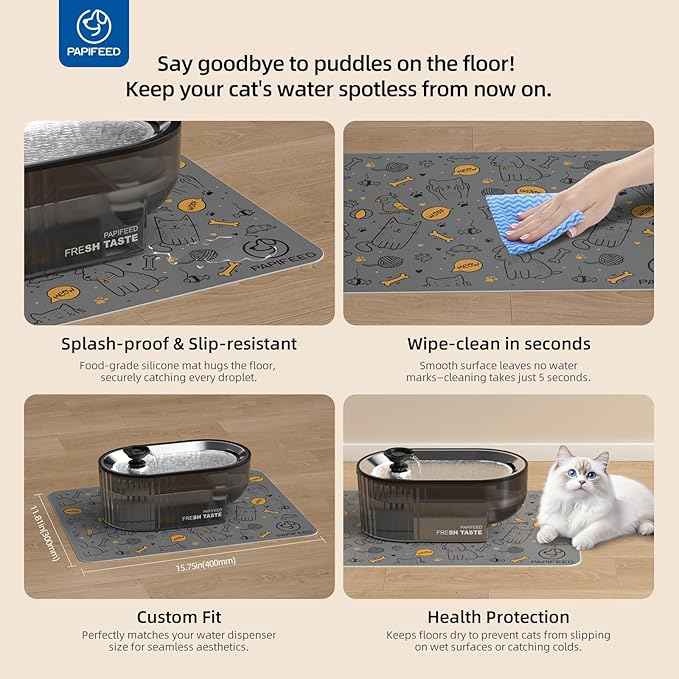 Cat Water Fountain Stainless Steel with a Silicone Mat, 84oz/2.5L Automatic Cat Water Fountain with Water Level Window and LED Light, Quiet Low Power Cat Water Bowl & Cat Water Dispenser(Black)