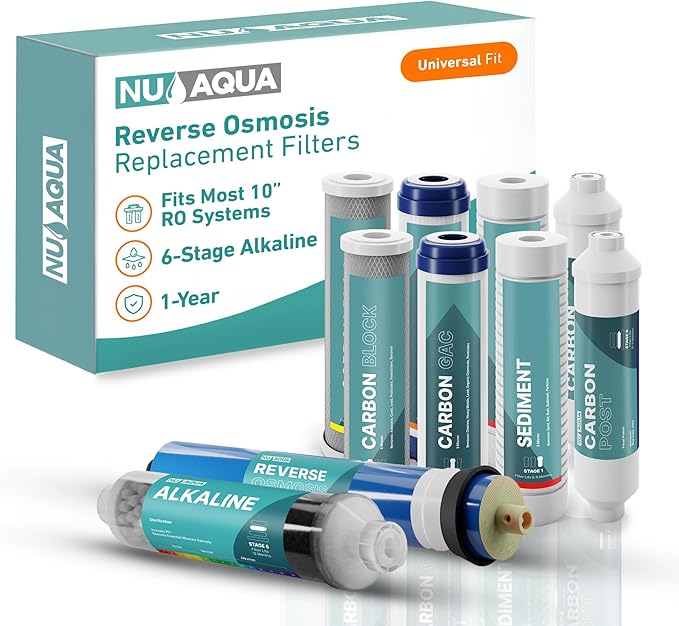 NU Aqua Reverse Osmosis Water Filter System Replacement Set - 6 Stage 1 Year Alkaline Under Sink Kit - Membrane, Sediment, Carbon Filters, Parts & Fittings - Universal RO Filtration Cartridge Pack - AquaVibe