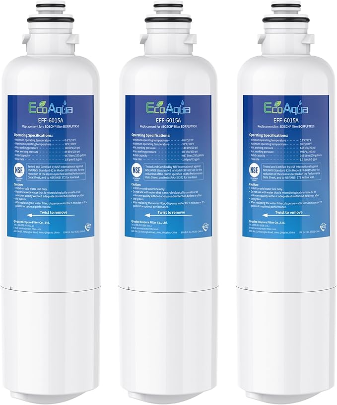 EcoAqua 11032531 Replacement for Bosch® Ultra Clarity® Pro BORPLFTR50, 12033030, 11025825, BORPLFTR55, B36CD50SNS, B36CT80SNS, B36CL80ENS, B36FD50SNS, WFC100MF, Refrigerator Water Filter, 3 Filters - AquaVibe