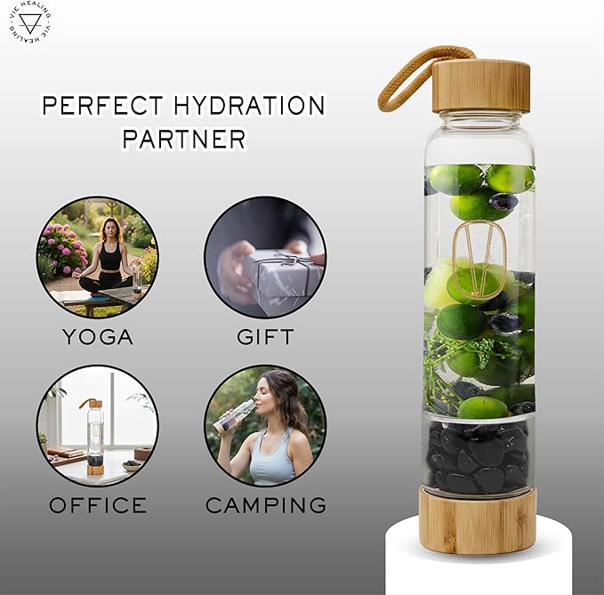 Vie Healing Gem Infused Obsidian Crystal Water Bottle, 16oz | Crystal Glass Bottle for Mindful Hydration, Daily Balance & Style | Eco Friendly Reusable Water Bottle for Home, Office, Gym & Travel