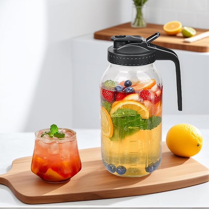 2 Pack 64oz Glass Mason Jar Pitcher with Airtight Lid and Handle – Wide Mouth, Leak-Proof, Ideal for Sun Tea, Cold Brew, Lemonade, Iced Coffee, Milk, and Water (Pink & Orange)