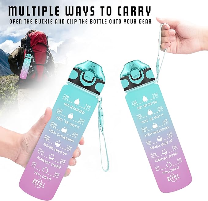 Enerbone 32 oz Drinking Water Bottle with Times to Drink and Straw, Motivational with Carrying Strap, Leakproof BPA & Toxic Free, Ensure You Drink Enough Water for Fitness Gym Outdoor