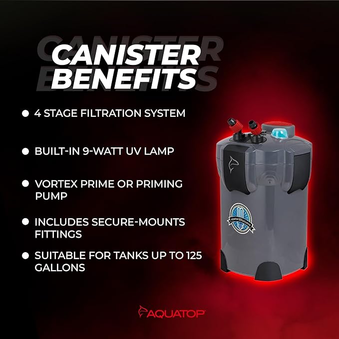 Aquatop 4-Stage Canister Filter with Vortex Prime, 9W UV, 370GPH Flow Rate, 35W Power, Up to 125 Gal – Including All Filtration Media, Great for Salt & Freshwater Tanks, UV for Crystal Clear Water