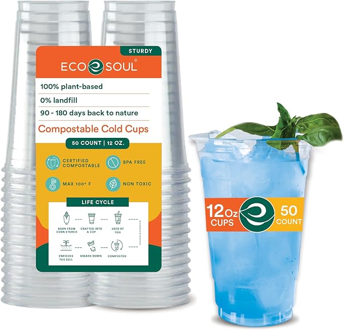 ECO SOUL 50 Pack Compostable Party Cups 12 oz Plant-Based Disposable Clear Cold Cup for Wine, Coffee, Smoothie & Soda Drinks | Cocktail Parties & Birthdays | Non-Toxic & BPA-Free Zero Plastic Glass