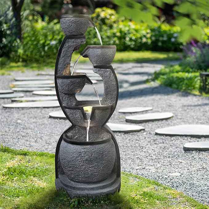 Water Fountain Outdoor 37.4''H Modern Garden Fountains Decor with LED Lighting Resin Indoor Waterfall for Garden, Floor Patio, Deck, Porch, Backyard and Home Art Decor