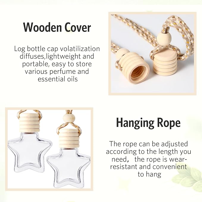 BBTO 100 Pcs Car Air Fresheners Diffuser with Wooden Cap Empty Aromatherapy Diffuser Clear Fragrance Holder Pendant Hanging Perfume Fresheners for Car Decor (Clear, Star)