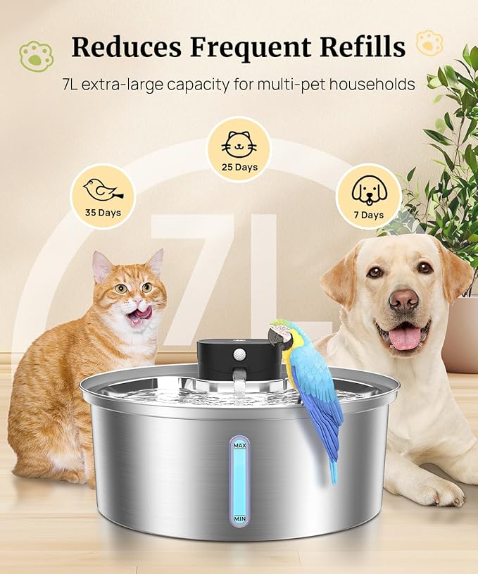7L Wireless Dog Water Fountain, 6000mAh Battery Operated Stainless Steel Pet Water Dispenser for Large Dogs, Cordless Motion Sensor Water Bowl with Auto Shut-Off, Outdoor/Indoor, Easy-to-Clean