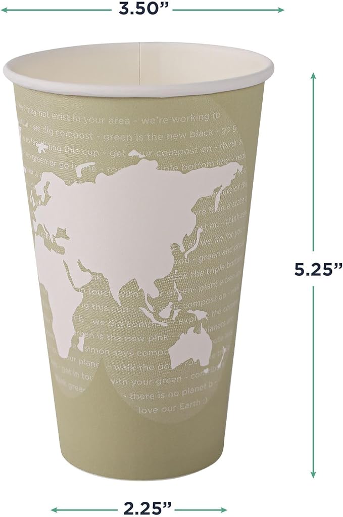 ECO PRODUCTS Compostable Disposable World Art 16oz Large Coffee Cups, Pack of 50, Renewable Hot Paper Cup, Plant Based PLA Lining, Color Coded