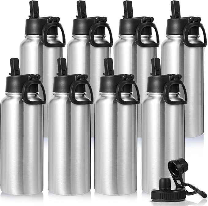 Neihepal 32 oz Insulated Water Bottles Bulk with 2 Lids (Straw & Spout Lid), Stainless Steel Double Wall Water Bottle, Keeps Cold 24H & Hot 12H (Silver,8 Pack)