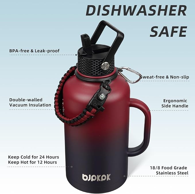 BJPKPK Half Gallon Insulated Water Bottles with Straw Lid & Side Handle, 64oz Large, Stainless Steel Water Bottles with 3 Lids and Paracord Strap, Metal Water Jug,Charming Red