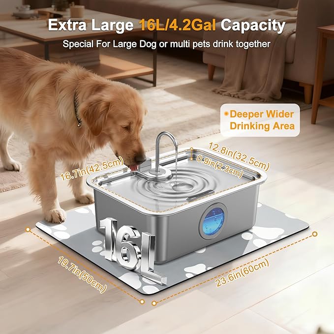 16L/4.2Gal Dog Water Fountain Stainless Steel DYSJ03 Dog Fountain Water Bowl for Large Dogs Cats & Multi-Pet Home, Ultra Quiet, Wider Deeper Mouth, 5-Layer Filtration & Easy to Clean