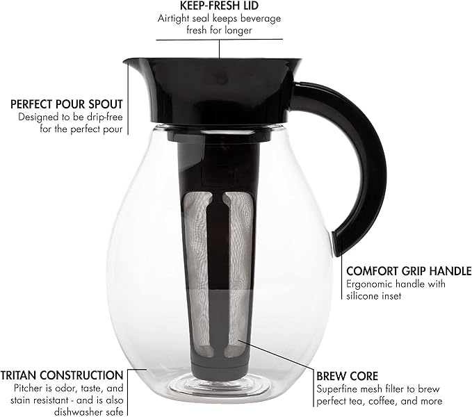 Primula The Big Iced Tea Maker and Infuser, Plastic Beverage Pitcher with Leak Proof, Airtight Lid, Fine Mesh Reusable Filter, Made without BPA, Dishwasher Safe, Black (Pack of 4)