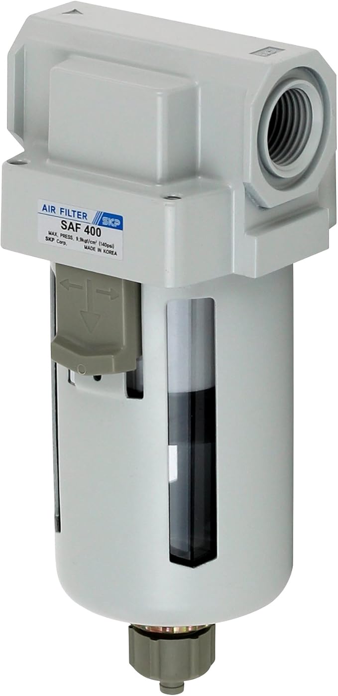 PneumaticPlus SAF400-N04B Compressed Air Particulate Filter 1/2" NPT, 10 Micron Element, Poly Bowl, Manual Drain, Bracket - AquaVibe