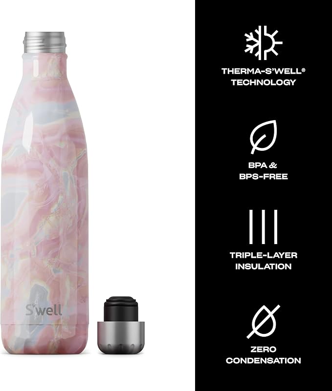 S'well Stainless Steel Water Bottle, 25oz, Geode Rose, Triple Layered Vacuum Insulated Containers Keeps Drinks Cold for 48 Hours and Hot for 24, BPA Free, Perfect for On the Go