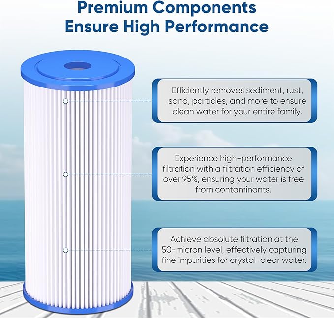 PUREPLUS 50 Micron 10" x 4.5" Extra Coarse Pleated Sediment Filter for Well Water, Replacement Cartridge for GE FXHSC, Culligan R50-BBSA, Pentek R50-BB, DuPont WFHDC3001, W50PEHD，GXWH40L, 4Pack