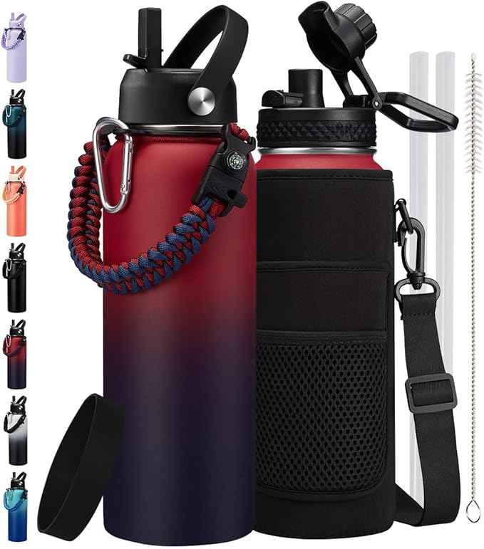 40 oz Insulated Water Bottle, (Cold for 48H), Leak Proof Food-Grade Stainless Steel Water Jug With Straw Lid and Atuo Spout Lid, Portable Paracord Handle & Carrier Bag
