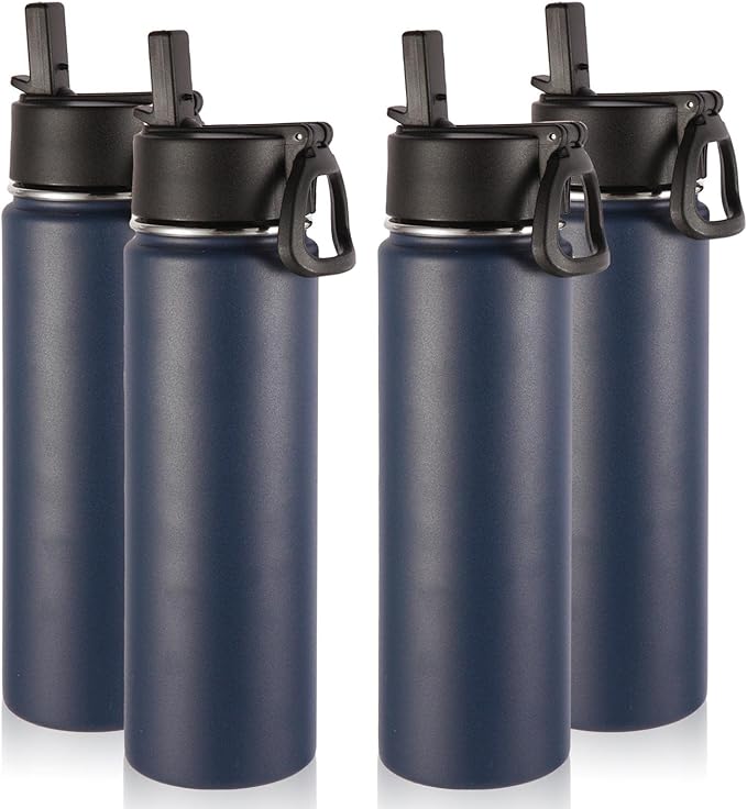 Volhoply Insulated Water Bottles with Straw Bulk 4 Pack, 22 oz Stainless Steel Sports Bottle, Double Walled Vacuum Metal Water Cups with Wide Mouth, Reusable Cold Water Flask for Hiking(Navy,4 Set)