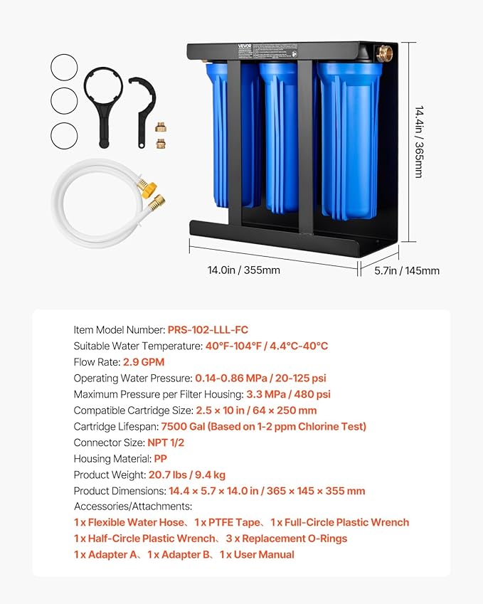 VEVOR RV Water Filter with Bracket, 3-Cartridge 2.5 x 10 in Water Filter System for RVs, Remove Sediments, Chlorine, Bad Tastes, Odors, and Most Contaminants, for Campers, Boats, Vans