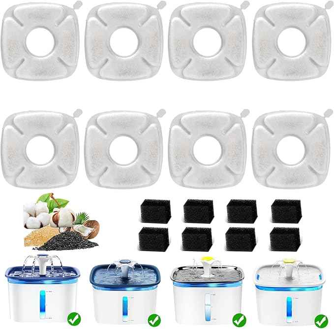 8 Pack Pet Cat Water Fountain Filters Replacement Compatible with Veken 67oz/2L, 95oz/2.8L, 135oz/4L Automatic Stainless Steel Cat Water Fountain, Cat Fountains for Drinking, with Pre-Filter Sponges