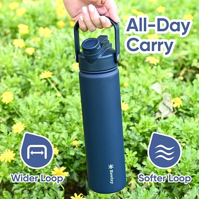 KEWIXY 24 oz Insulated Water Bottle, 2-in-1 Lid, Straw & Spout with Protected, Leak Proof, Keep Cold, Stainless Steel, Metal, Reusable, Handle, for Travel, Gym and School, 2 Lids, Denim Blue