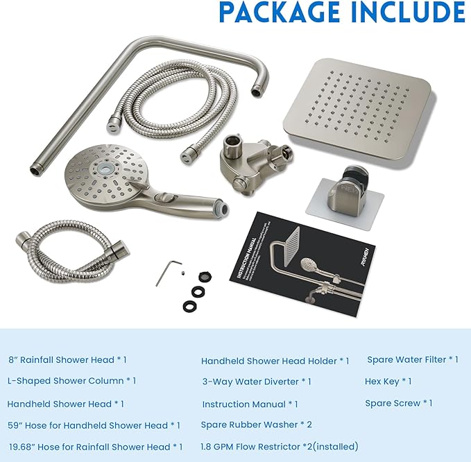8" Dual Shower Head Combo, Rainfall Shower Head with Handheld, 6 Spray Settings Angle Adjustable Handheld Shower Head with Pause, Height Adjustable, Brushed Nickel