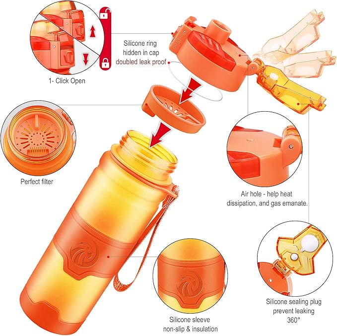 ZORRI Sports Water Bottle, 400/500/700ml/1L, BPA Free Leak Proof Tritan Lightweight Bottles for Outdoors,Camping,Cycling,Fitness,Gym,Yoga- Kids/Adults Drink Bottles with Filter, Lockable Pop Open Lid