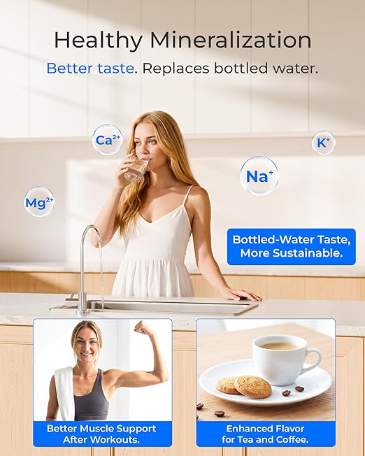 Waterdrop T3-T 220 GPD, Remineralization 7-Stage Reverse Osmosis System, 2:1 Pure to Drain, NSF/ANSI 372 Certified Water Filtration System, Under Sink RO Water Filter with Water Tank, No Power Needed