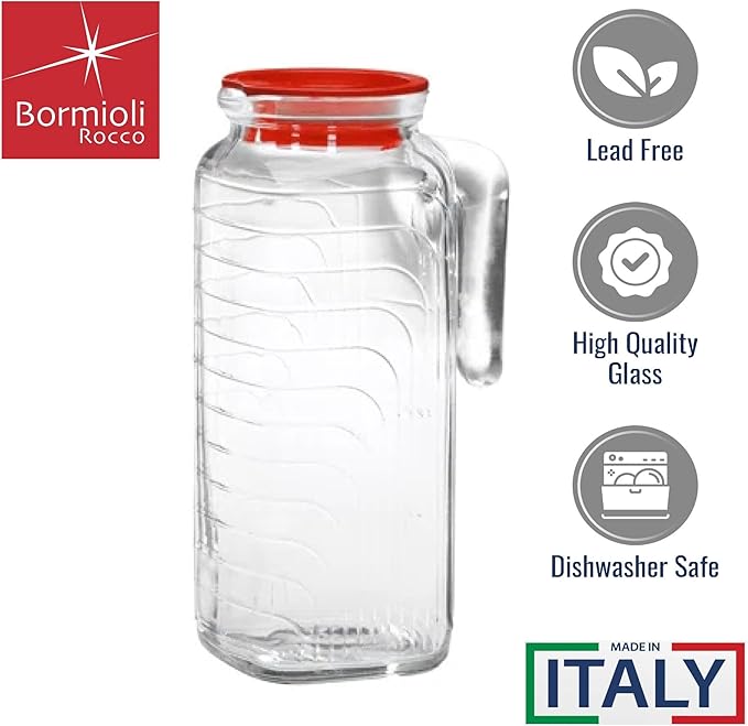 Bormioli Rocco Gelo 41 Oz Glass Pitchers with Lid - Set of 2 Carafe for Homemade Juice, Iced Tea, Milk, Cold Brew, Lemonade - Durable & Dishwasher Safe Pitcher, BPA-Free - Made in Italy (Red Lid)
