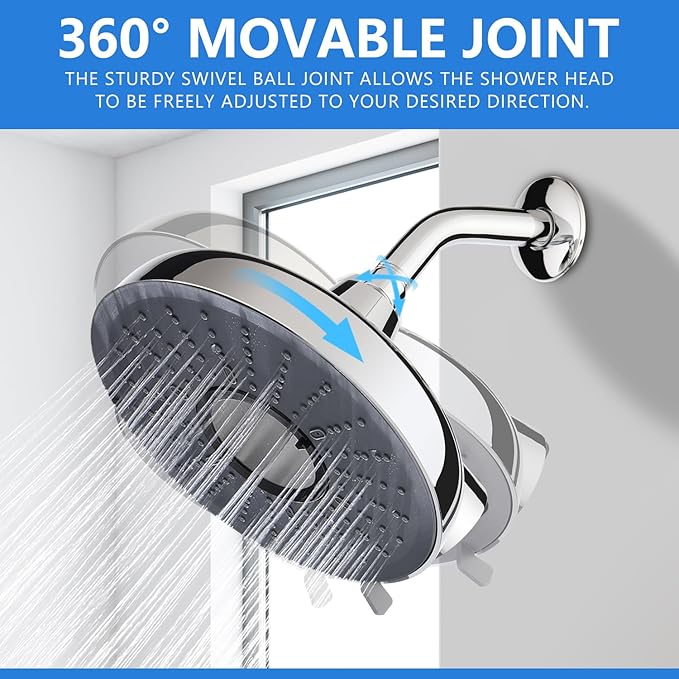 Filtered Shower head,8-Inch High Pressure Rainfall Showerhead, 360°Adjustable Swivel,3 Spray Patterns,15 Stage Shower Filter Combo（Chrome） - AquaVibe