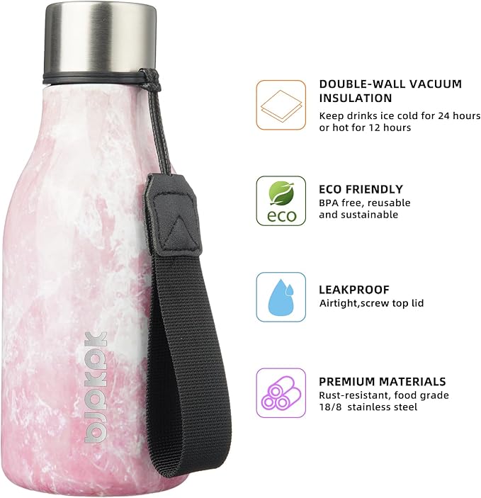 BJPKPK Insulated Water Bottles, 12oz Stainless Steel Metal Water Bottle with Strap, BPA Free Leak Proof Jugs, Mugs, Flasks, Reusable Thermal Flasks for Sports & Travel, Blossom