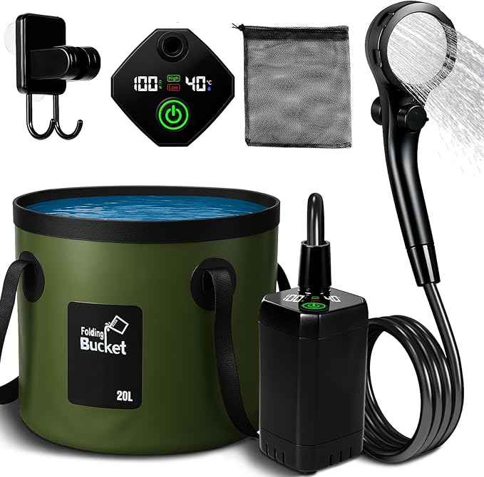 Portable Camping Shower, 6000mAh Rechargeable Shower Pump, Large Capacity Foldable Bucket, 6' 7" Filtered Shower Head, Summer Beach, Outdoor Camp Showering, Hiking, Pet Bath, RV Car Wash, Water Plant
