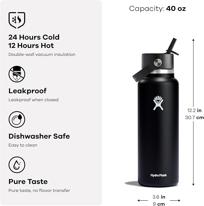 Hydro Flask Water Bottle - Insulated Stainless Steel - Wide Mouth Flex Straw Lid, Non Spill, Leakproof and Refillable in 40 Oz Botanical Bliss Coconut