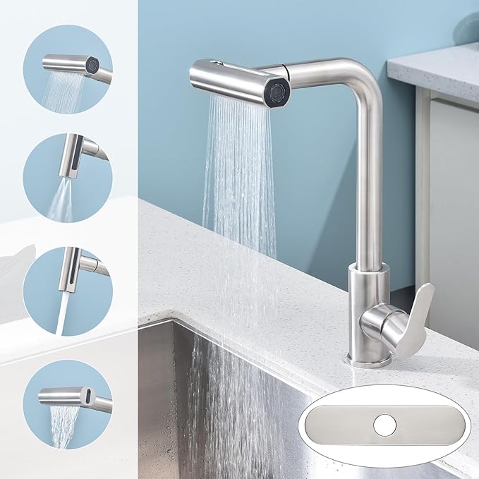 Kitchen Faucet with Pull Down Sprayer SUS304 Stainless Steel Waterfall Kitchen Sink Faucet 4 Functions Brushed Nickel Pull Out Kitchen Sink Faucets Utility Rv for 1 or 3 Hole Sink, KF2-BN