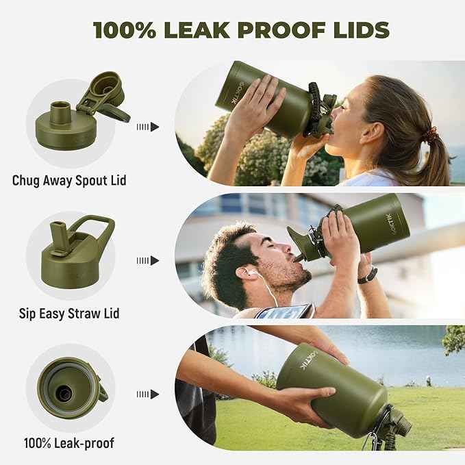 Half Gallon Insulated Water Bottle, 64 oz Triple Wall Stainless Steel Flask,Cold for 48 Hrs Leak-Proof & BPA-Free Jug with Paracord Handle, Straw & Spout Lids(2 pack, Army Green)