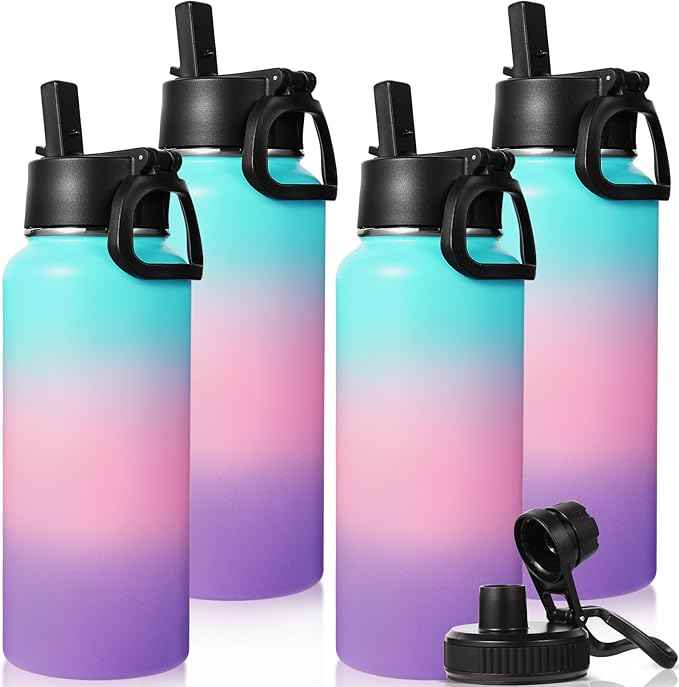 Neihepal 32 oz Insulated Water Bottles Bulk with 2 Lids (Straw & Spout Lid), Stainless Steel Double Wall Water Bottle, Keeps Cold 24H & Hot 12H (Gradient Color,4Pack)