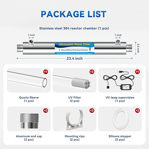 UV Water Filter Whole House, 55W 120V Water Purifier Filter System for Whole House Water Purification, 12GPM, 3/4" MNPT Inlet/Outlet for Purity, +1 Extra Bulb