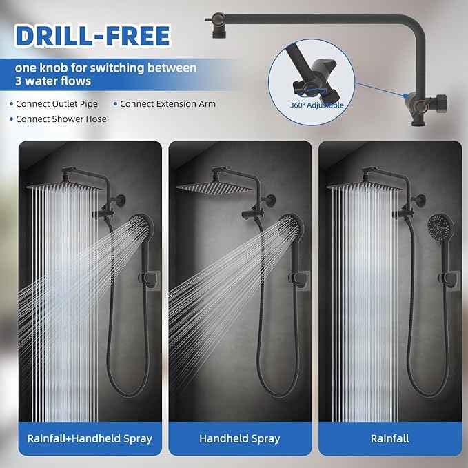 All Metal Shower Head, 10" High Pressure Rainfall/Handheld Shower Combo with 11" Extension Arm, 10-Spray Handheld Showerhead, 71" Long Hose, 3-Way Diverter Valve, Oil Rubbed Bronze