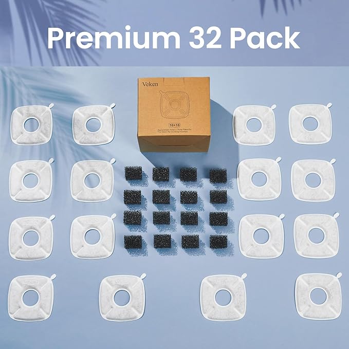 Veken Cat Water Fountain Filter, Classic 16 Pack Replacement Filters & 16 Pack Replacement Pre-Filter Sponges for 50oz, 84oz, 95oz Automatic Pet Fountain Dog Water Dispenser